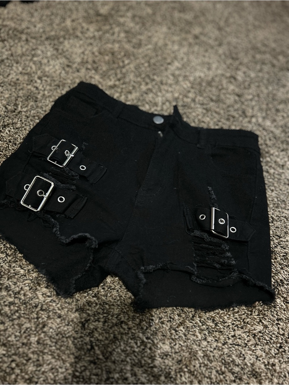 SHEIN Black Distressed Jean Shorts with Buckle Straps